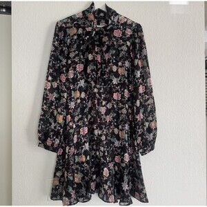 Banana Republic Floral Boho Sheer Tie Neck Tunic Dress Black Multicolor Sz L